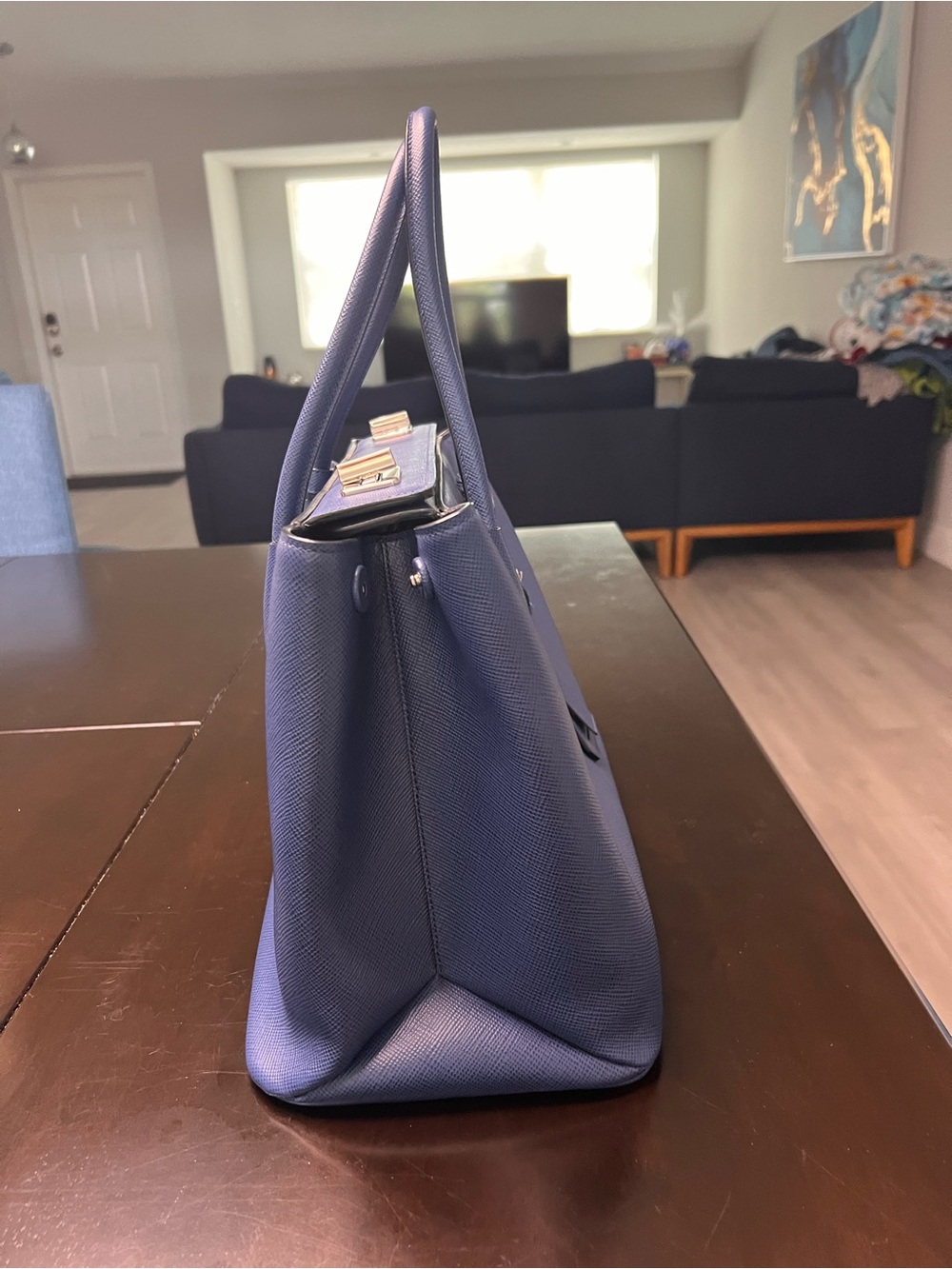 Authentic Prada Saffiano Cuir Turnkey Double Tote Bluette Leather Bag w/ COA - Picture 5 of 16